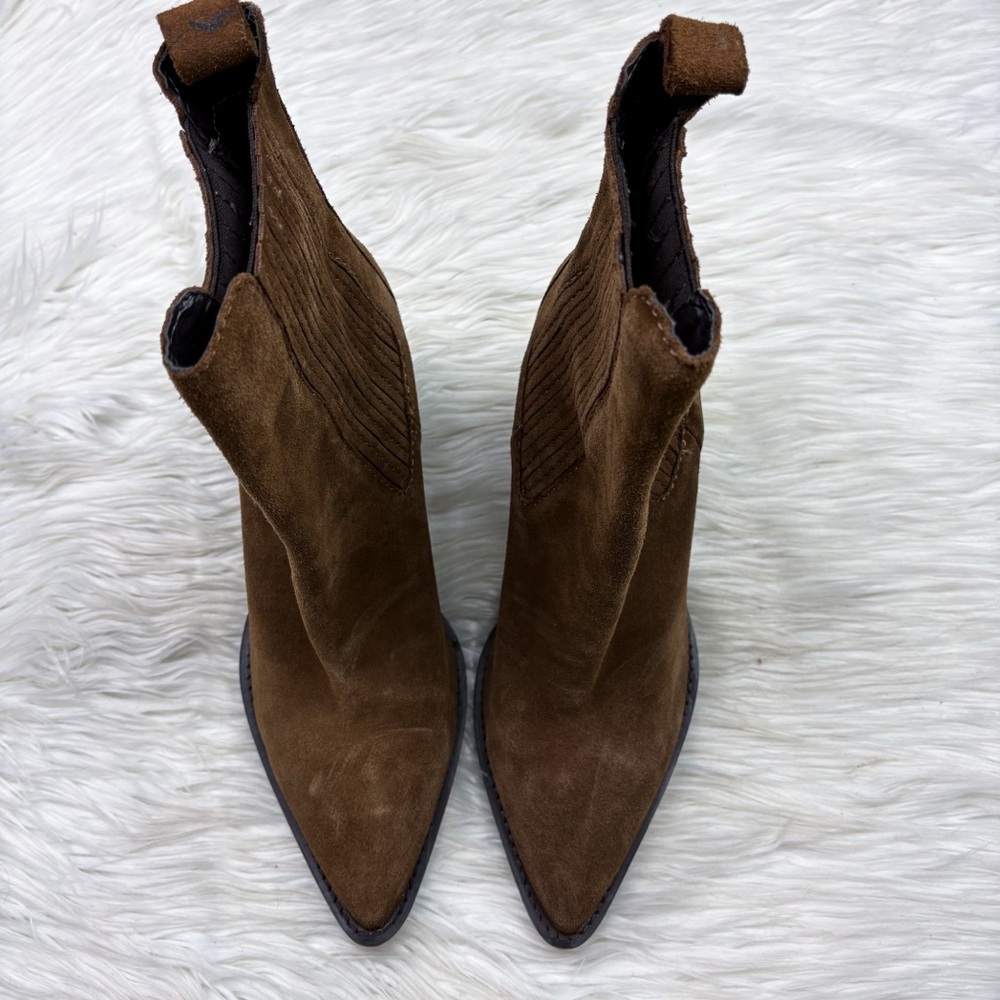 Mango Suede Leather Pointed Toe Block Heel Chelsea Western Ankle Boot Brown Tan - Picture 5 of 11